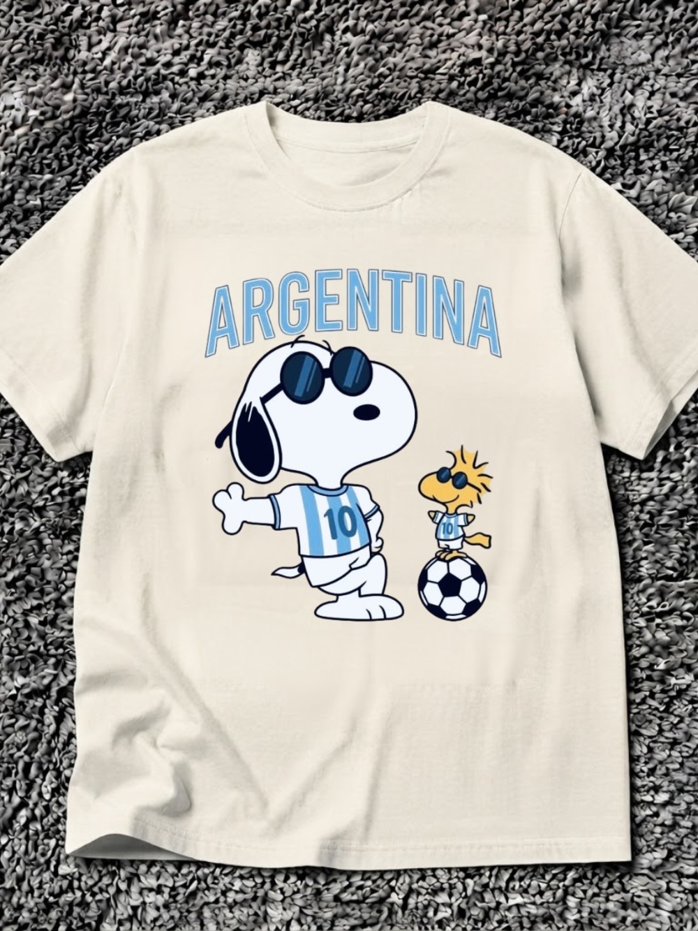 Gildan OFF WHITE Argentina Snoopy & Woodstock Soccer Tee with Light Blue Accents